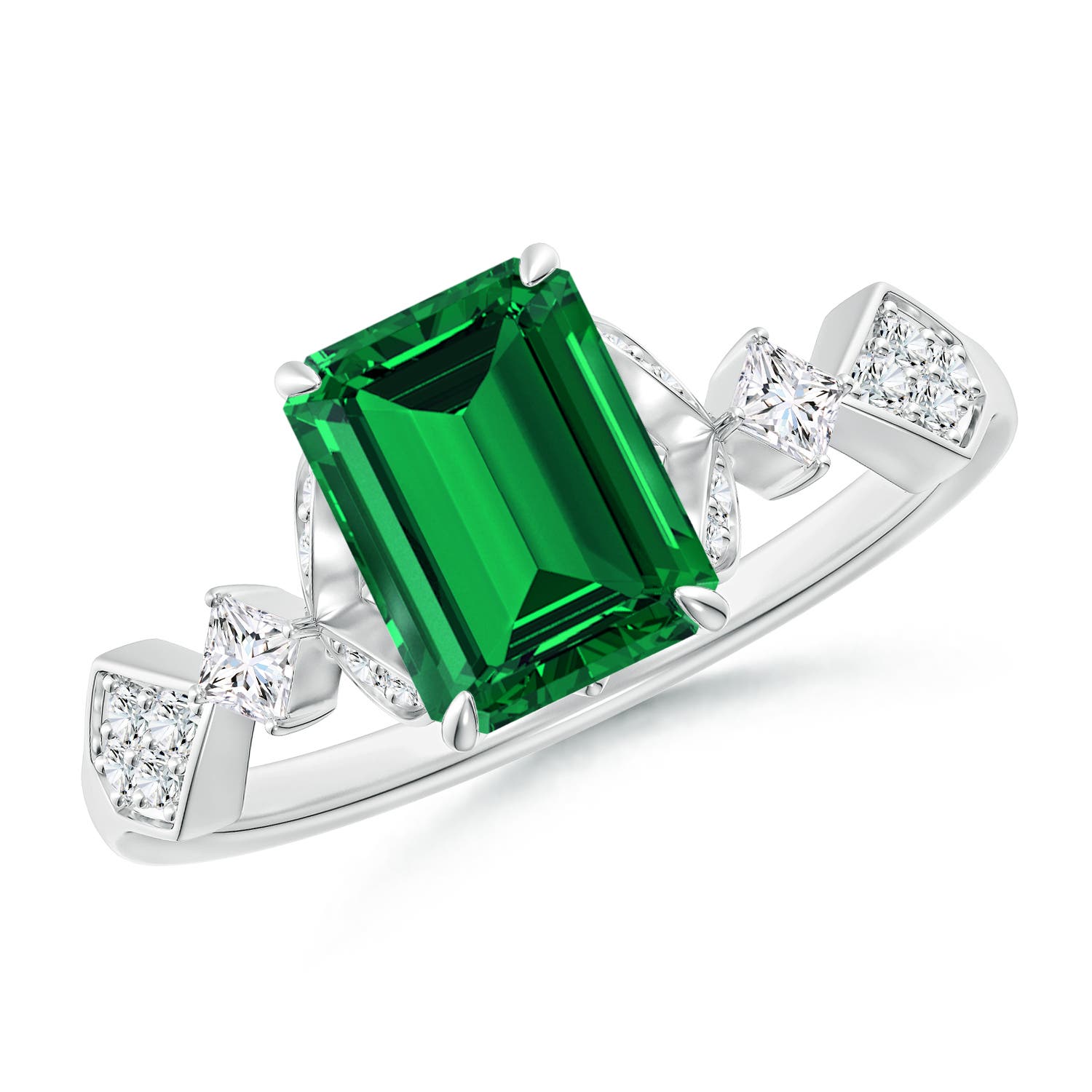 8x6mm Labgrown Lab-Grown Vintage Style Emerald-Cut Emerald Engagement Ring with Leaf Motifs in White Gold