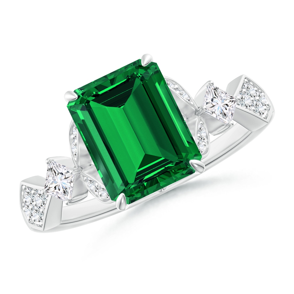 9x7mm Labgrown Lab-Grown Vintage Style Emerald-Cut Emerald Engagement Ring with Leaf Motifs in White Gold