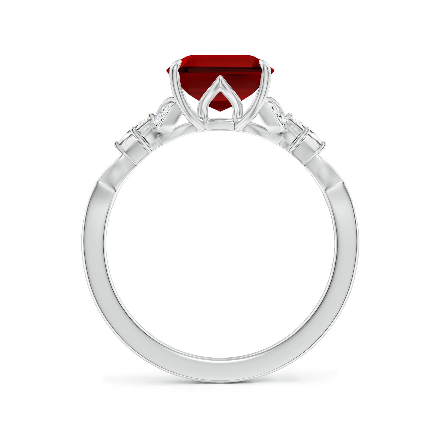 10x8mm Labgrown Lab-Grown Vintage Style Emerald-Cut Ruby Engagement Ring with Leaf Motifs in 18K White Gold