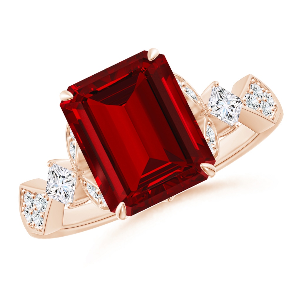 10x8mm Labgrown Lab-Grown Vintage Style Emerald-Cut Ruby Engagement Ring with Leaf Motifs in Rose Gold
