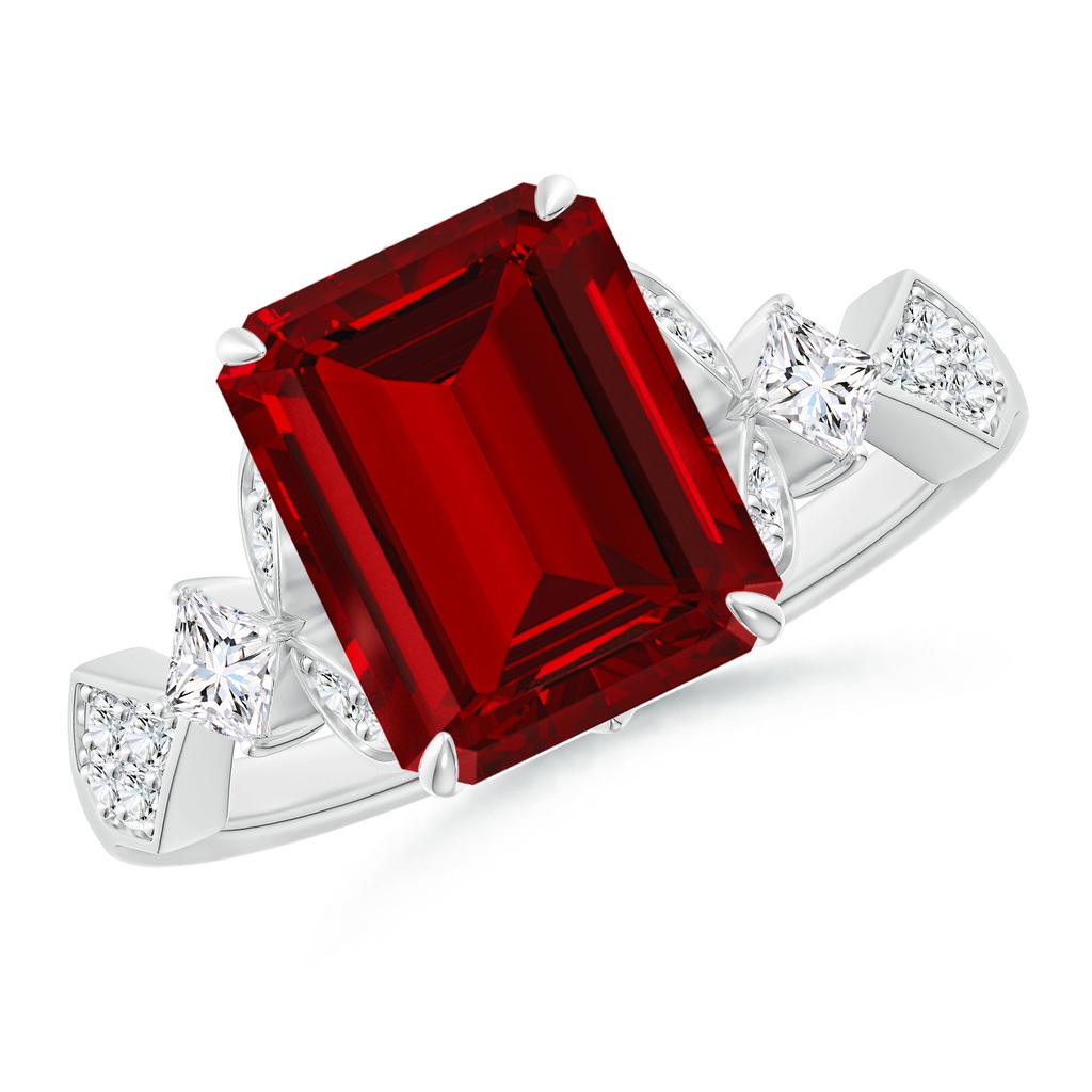 10x8mm Labgrown Lab-Grown Vintage Style Emerald-Cut Ruby Engagement Ring with Leaf Motifs in White Gold