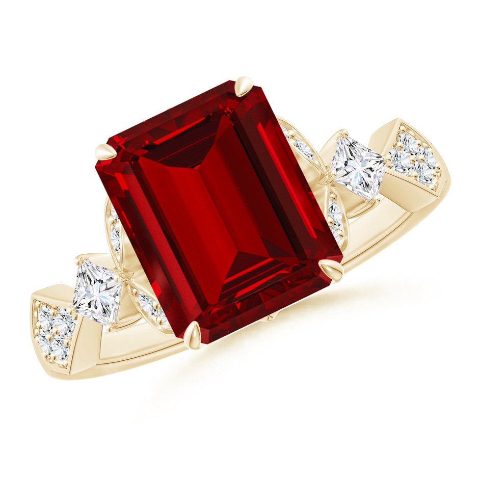 10x8mm Labgrown Lab-Grown Vintage Style Emerald-Cut Ruby Engagement Ring with Leaf Motifs in Yellow Gold 