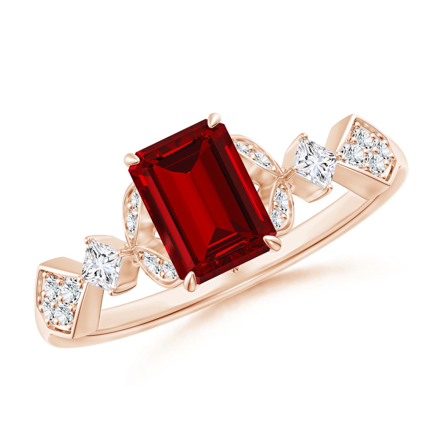 7x5mm Labgrown Lab-Grown Vintage Style Emerald-Cut Ruby Engagement Ring with Leaf Motifs in Rose Gold