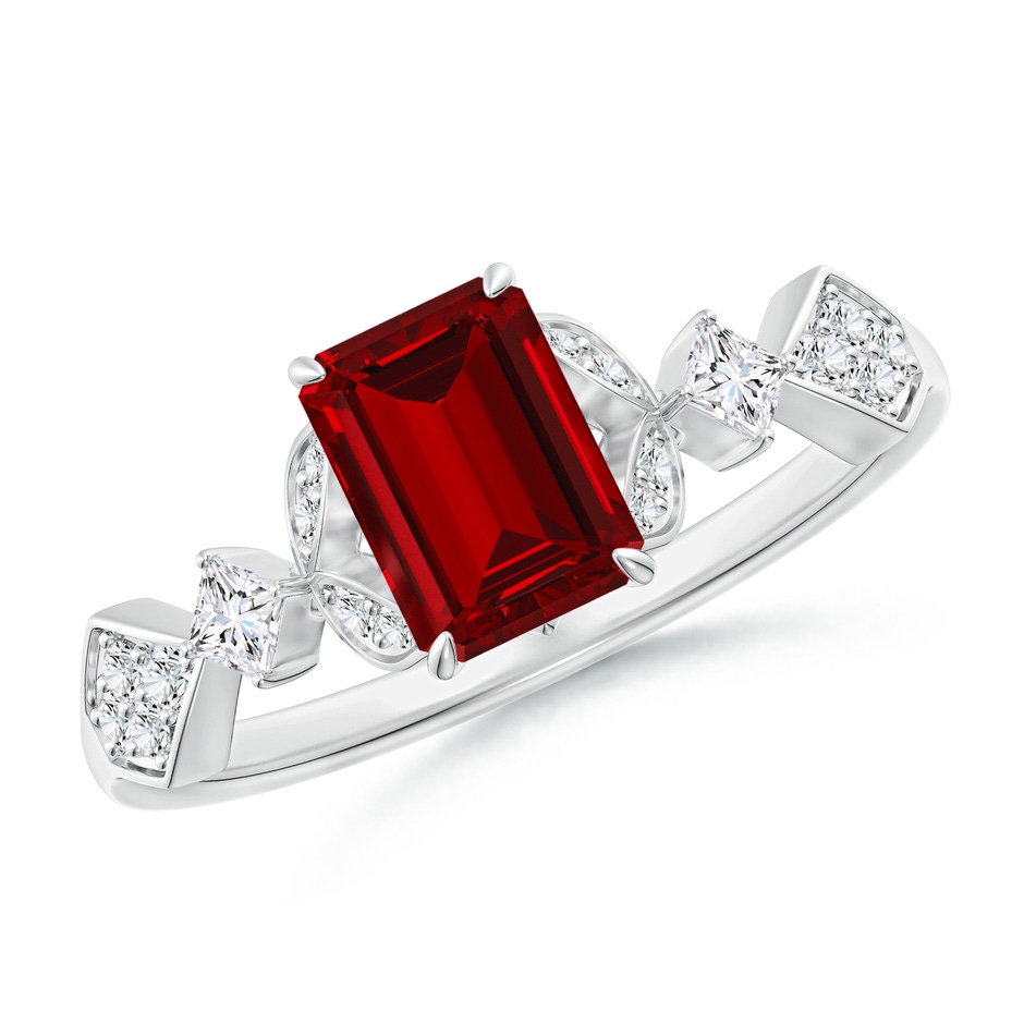 7x5mm Labgrown Lab-Grown Vintage Style Emerald-Cut Ruby Engagement Ring with Leaf Motifs in White Gold 