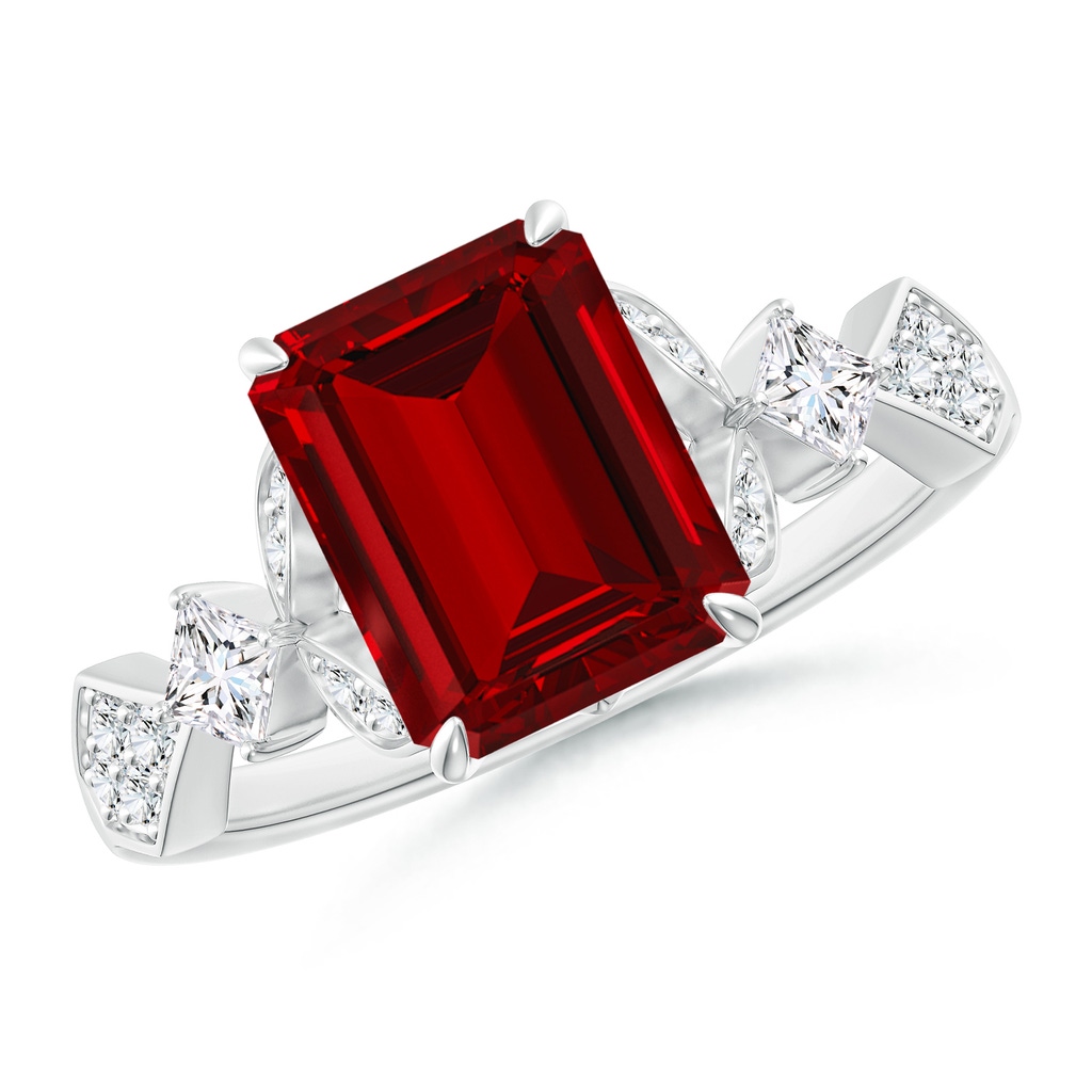 9x7mm Labgrown Lab-Grown Vintage Style Emerald-Cut Ruby Engagement Ring with Leaf Motifs in White Gold