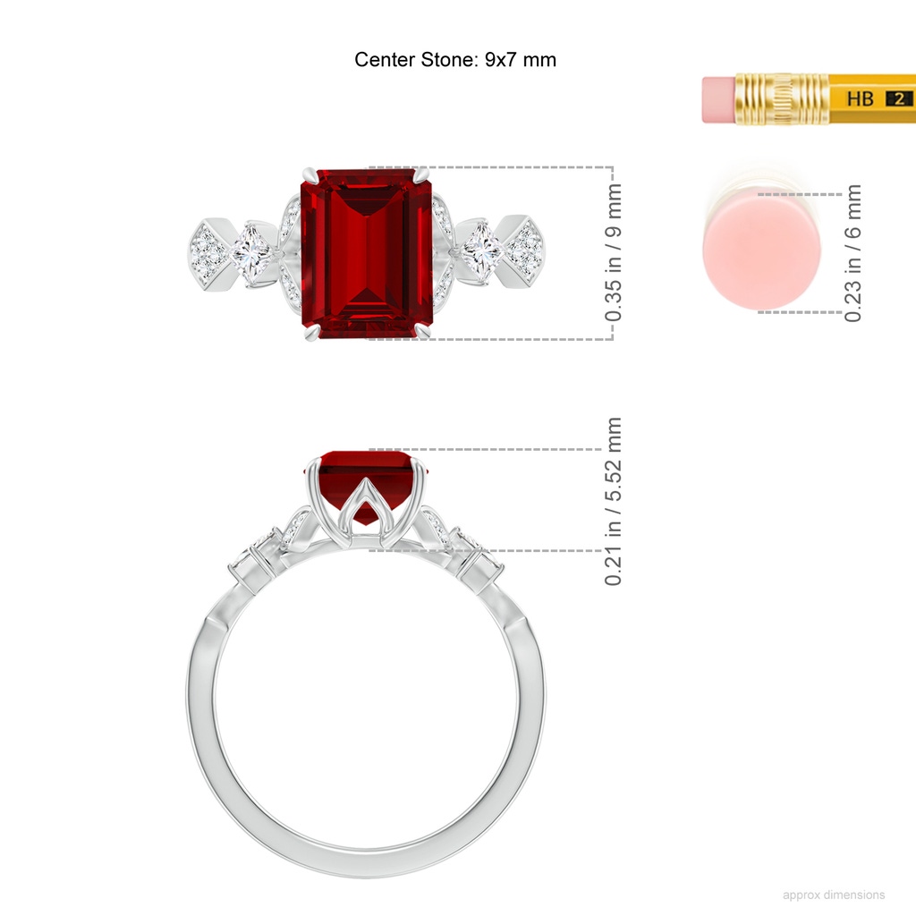 9x7mm Labgrown Lab-Grown Vintage Style Emerald-Cut Ruby Engagement Ring with Leaf Motifs in White Gold ruler