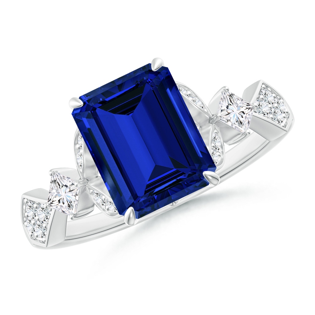 9x7mm Labgrown Lab-Grown Vintage Style Emerald-Cut Blue Sapphire Engagement Ring with Leaf Motifs in White Gold