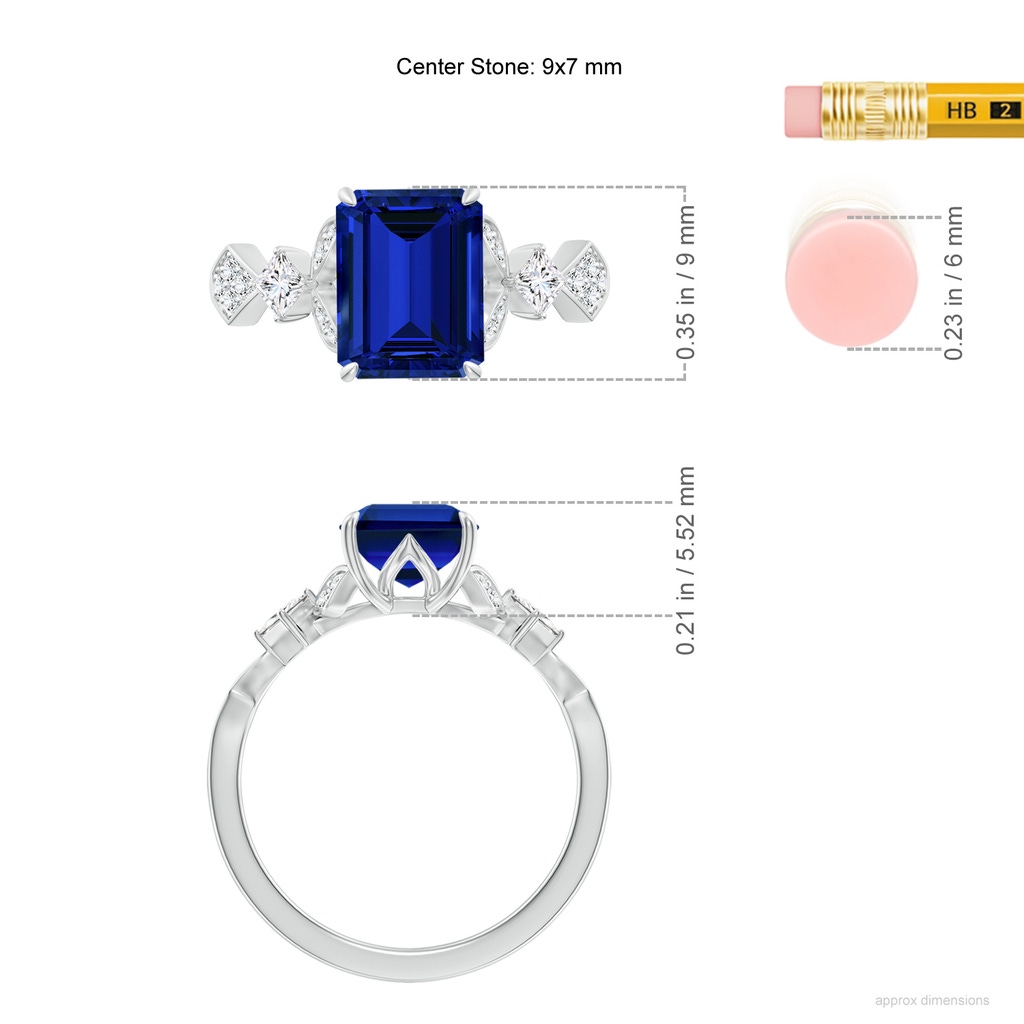 9x7mm Labgrown Lab-Grown Vintage Style Emerald-Cut Blue Sapphire Engagement Ring with Leaf Motifs in White Gold ruler