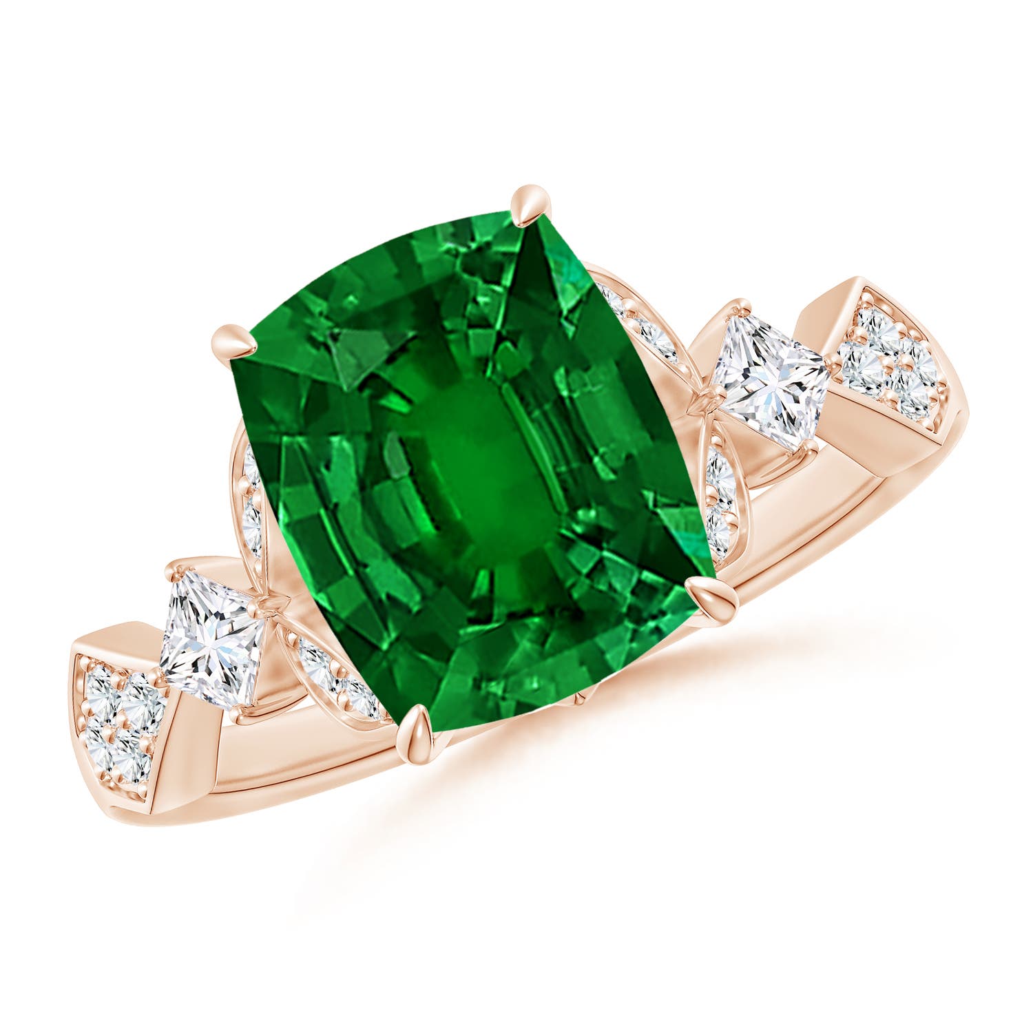 10x8mm Labgrown Lab-Grown Vintage Style Cushion Rectangular Emerald Engagement Ring with Leaf Motifs in 18K Rose Gold