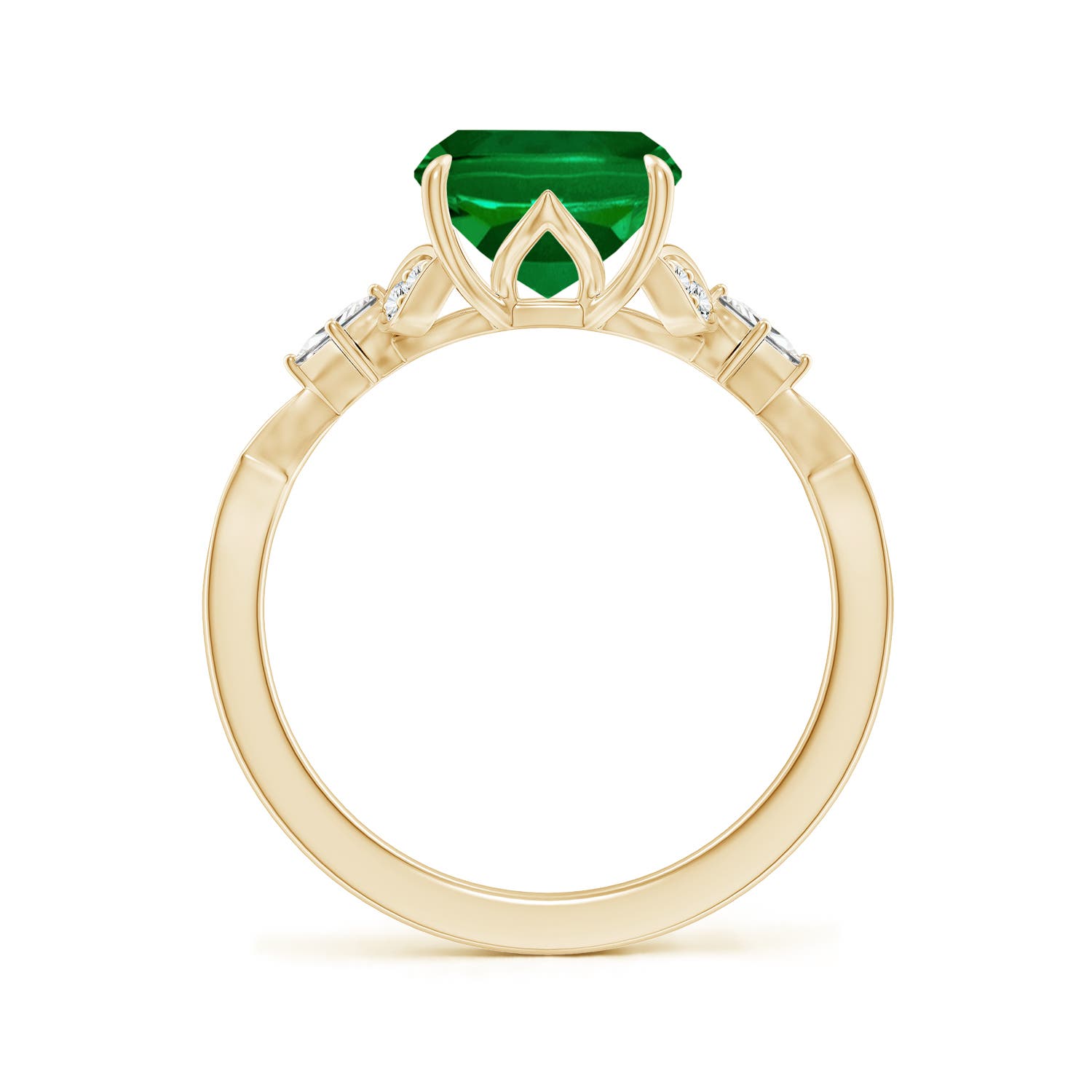 10x8mm Labgrown Lab-Grown Vintage Style Cushion Rectangular Emerald Engagement Ring with Leaf Motifs in 18K Yellow Gold