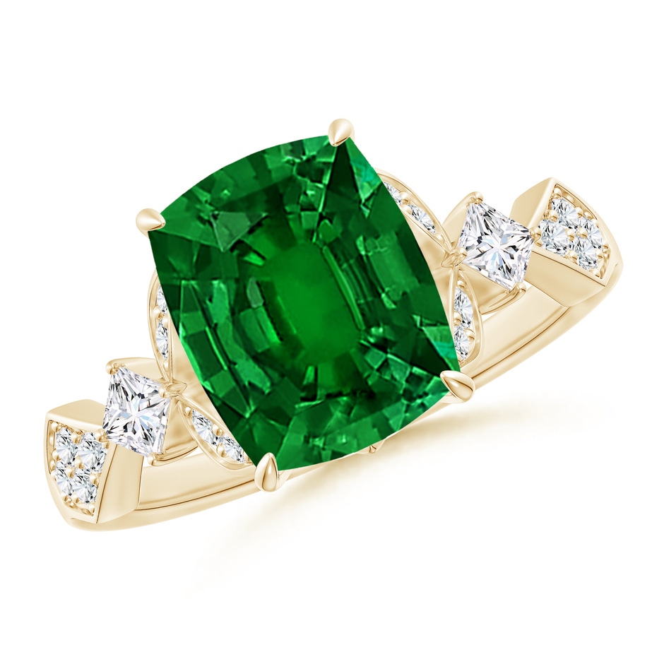 10x8mm Labgrown Lab-Grown Vintage Style Cushion Rectangular Emerald Engagement Ring with Leaf Motifs in Yellow Gold 