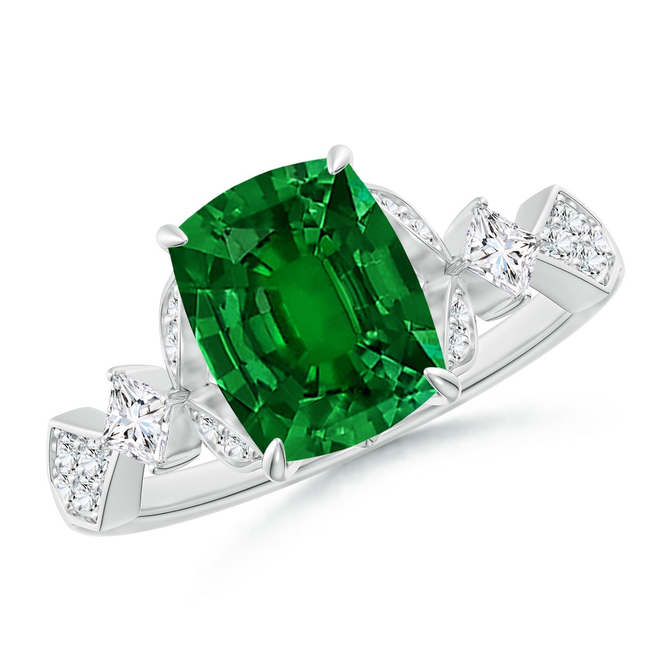 9x7mm Labgrown Lab-Grown Vintage Style Cushion Rectangular Emerald Engagement Ring with Leaf Motifs in White Gold 