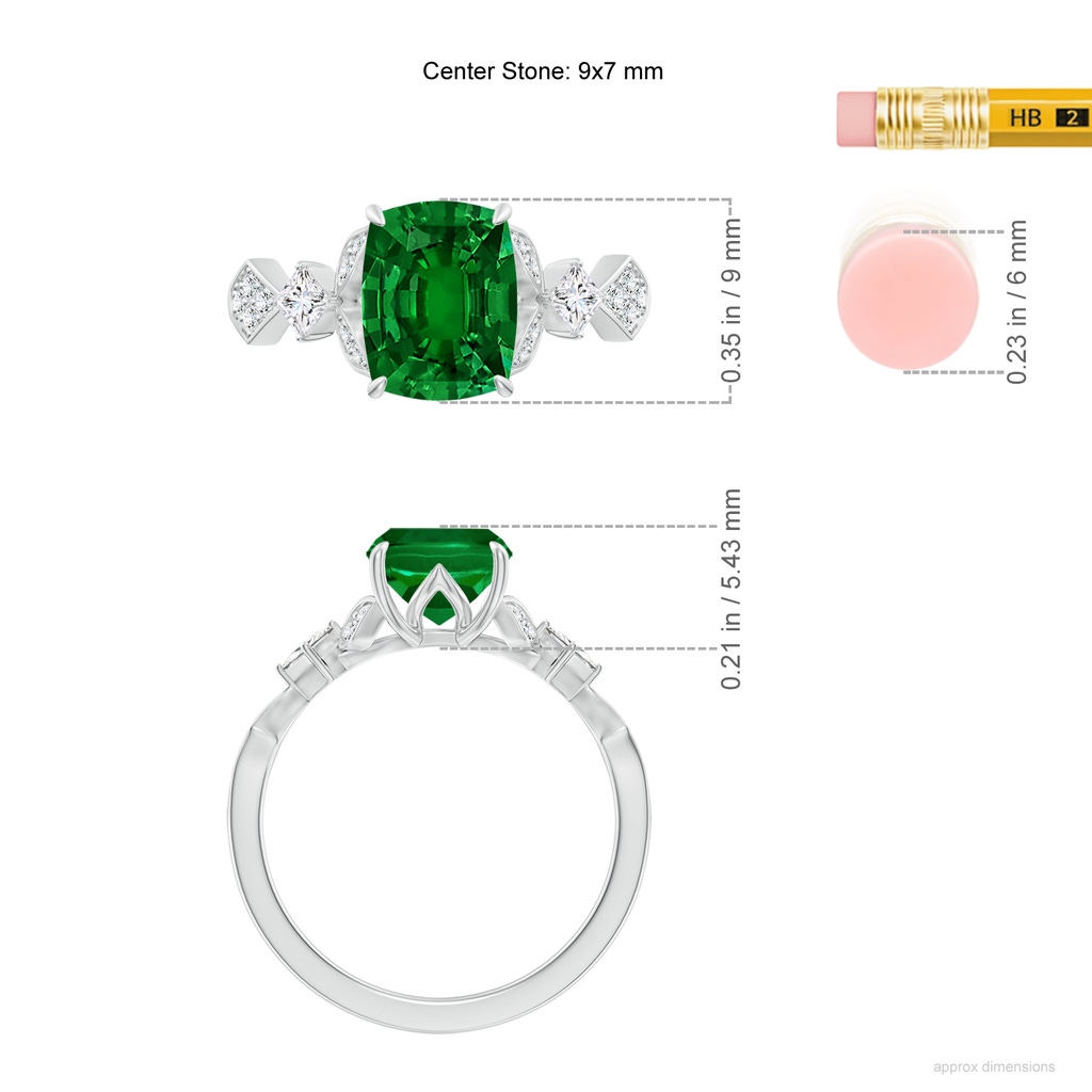 9x7mm Labgrown Lab-Grown Vintage Style Cushion Rectangular Emerald Engagement Ring with Leaf Motifs in White Gold ruler