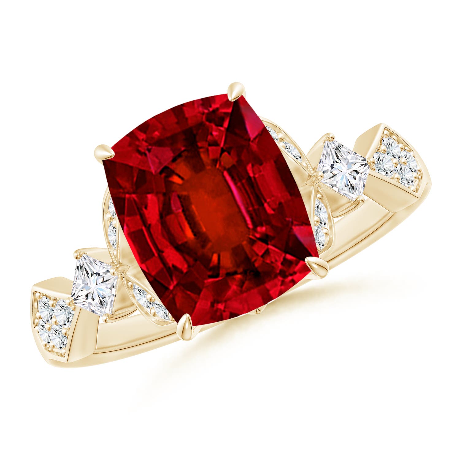 10x8mm Labgrown Lab-Grown Vintage Style Cushion Rectangular Ruby Engagement Ring with Leaf Motifs in 18CT Yellow Gold
