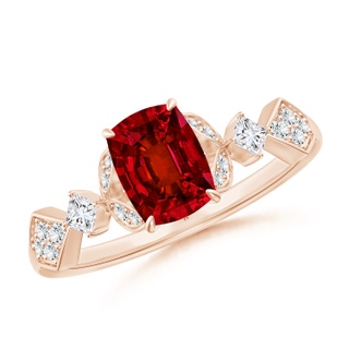 7x5mm Labgrown Lab-Grown Vintage Style Cushion Rectangular Ruby Engagement Ring with Leaf Motifs in Rose Gold