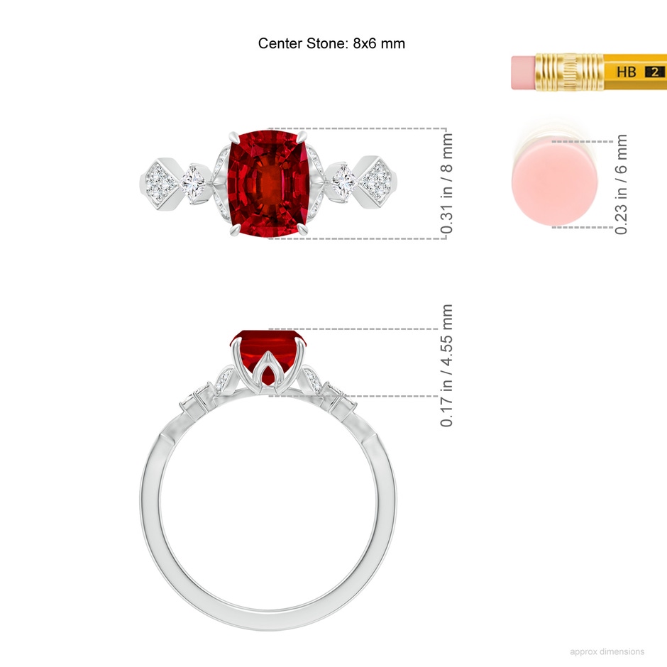 8x6mm Labgrown Lab-Grown Vintage Style Cushion Rectangular Ruby Engagement Ring with Leaf Motifs in White Gold ruler