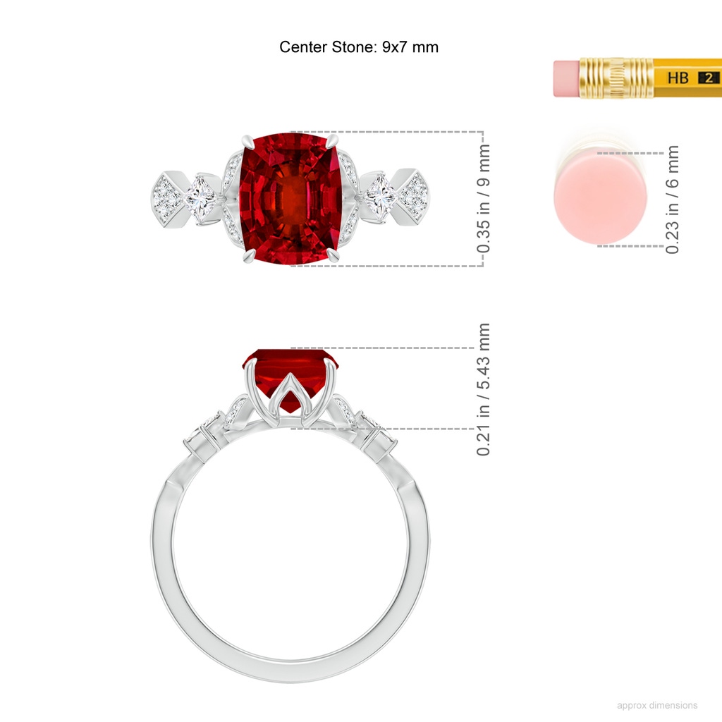 9x7mm Labgrown Lab-Grown Vintage Style Cushion Rectangular Ruby Engagement Ring with Leaf Motifs in White Gold ruler