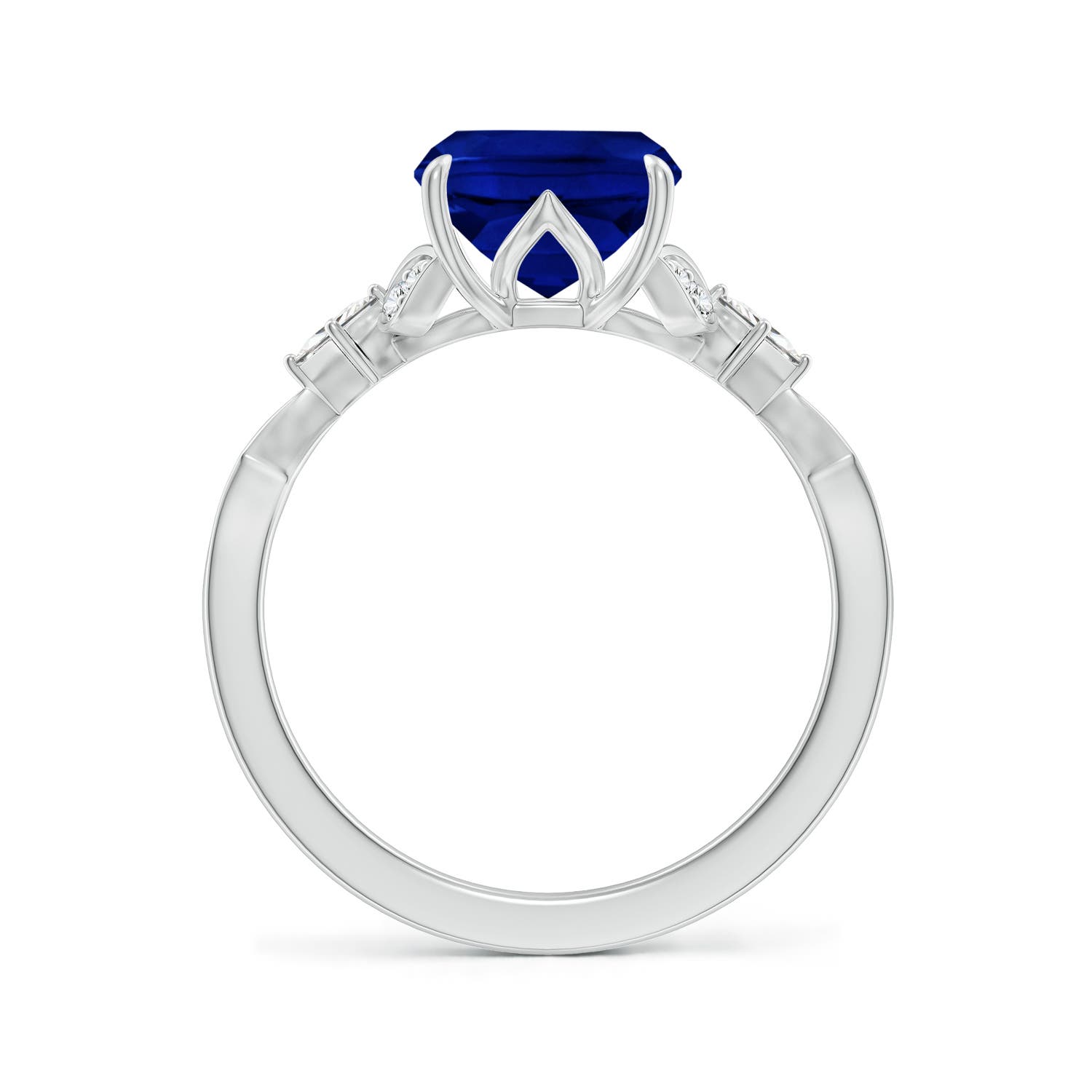 10x8mm Labgrown Lab-Grown Vintage Style Cushion Rectangular Blue Sapphire Engagement Ring with Leaf Motifs in 18K White Gold
