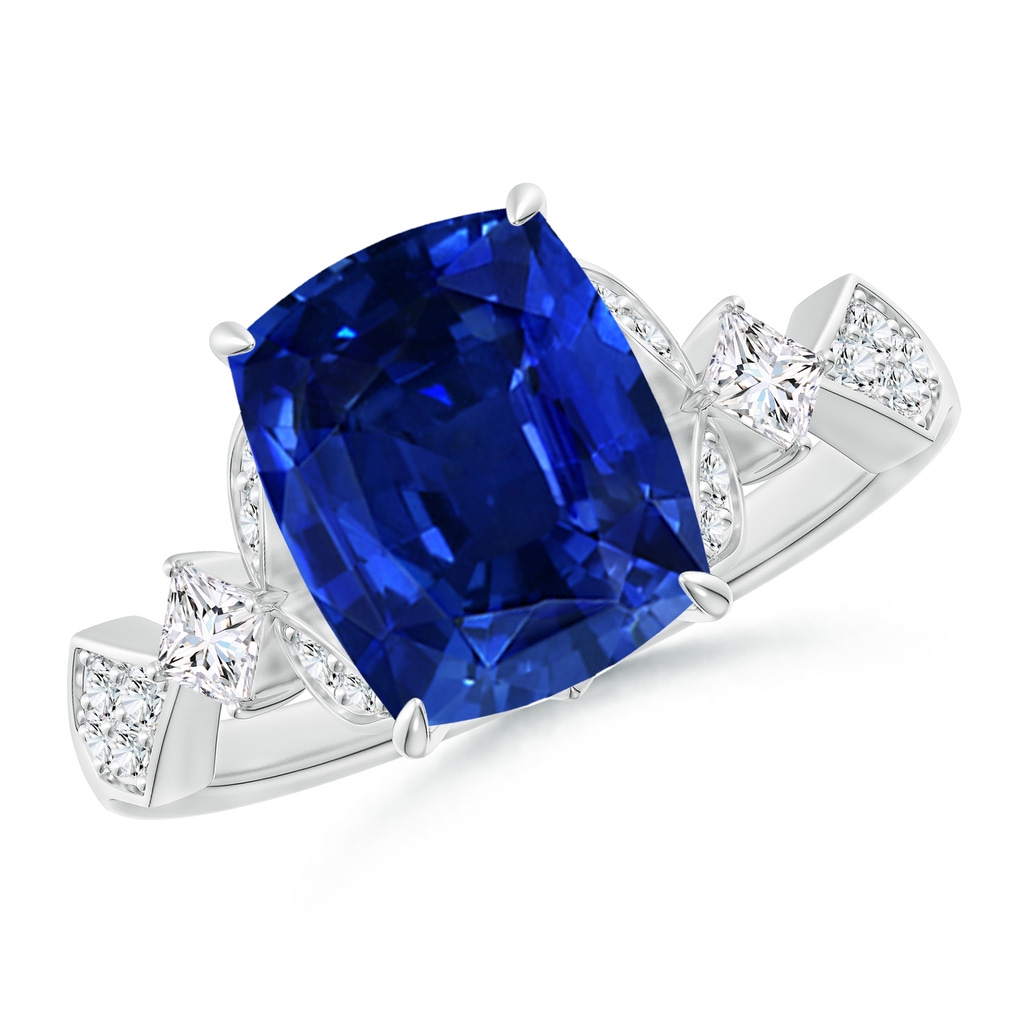 10x8mm Labgrown Lab-Grown Vintage Style Cushion Rectangular Blue Sapphire Engagement Ring with Leaf Motifs in White Gold