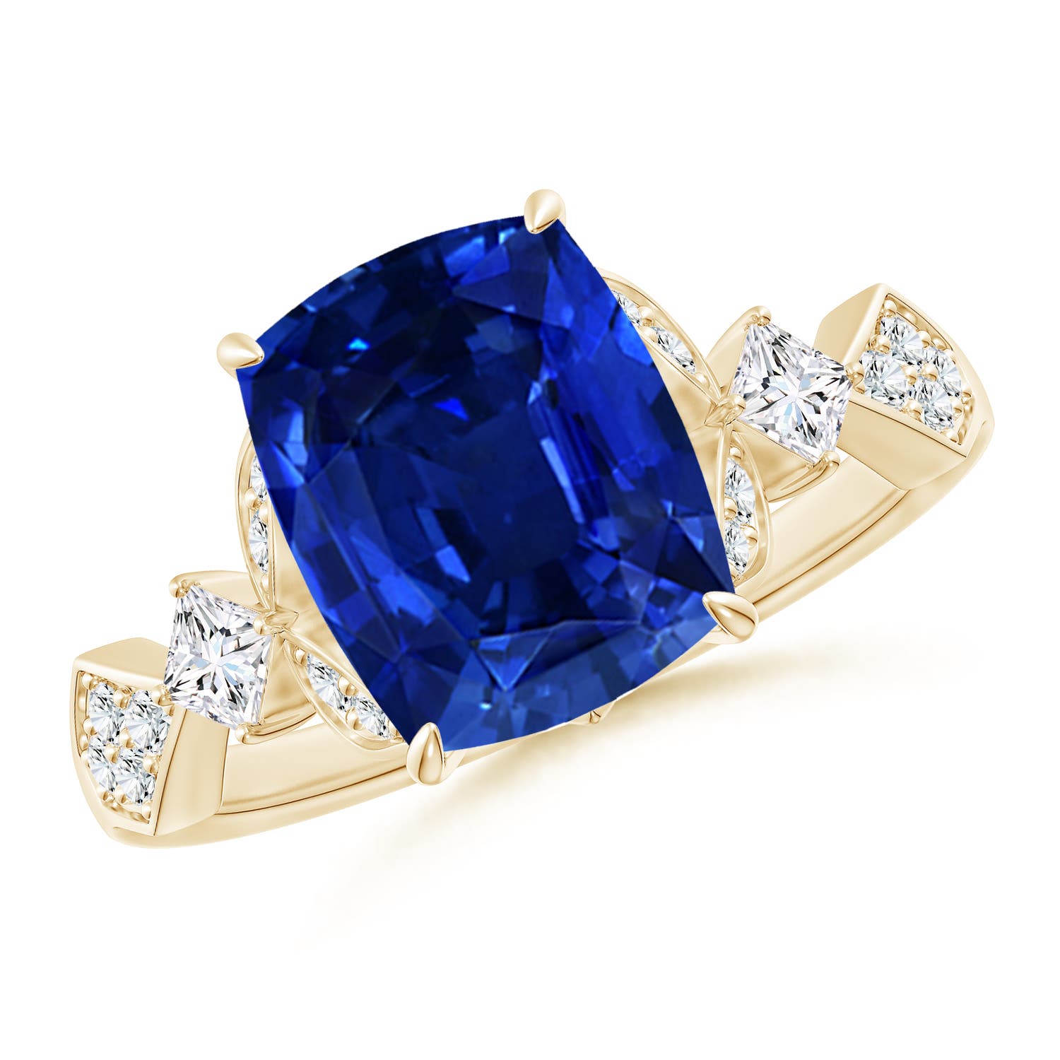 10x8mm Labgrown Lab-Grown Vintage Style Cushion Rectangular Blue Sapphire Engagement Ring with Leaf Motifs in Yellow Gold