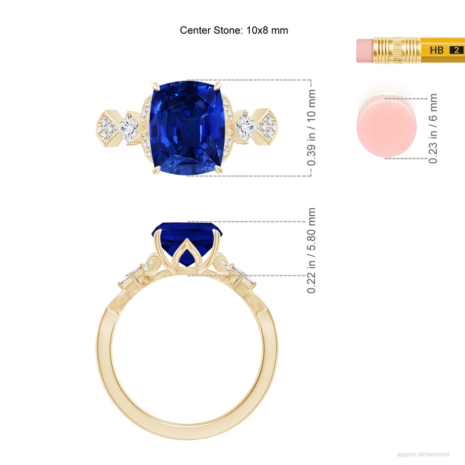 10x8mm Labgrown Lab-Grown Vintage Style Cushion Rectangular Blue Sapphire Engagement Ring with Leaf Motifs in Yellow Gold ruler