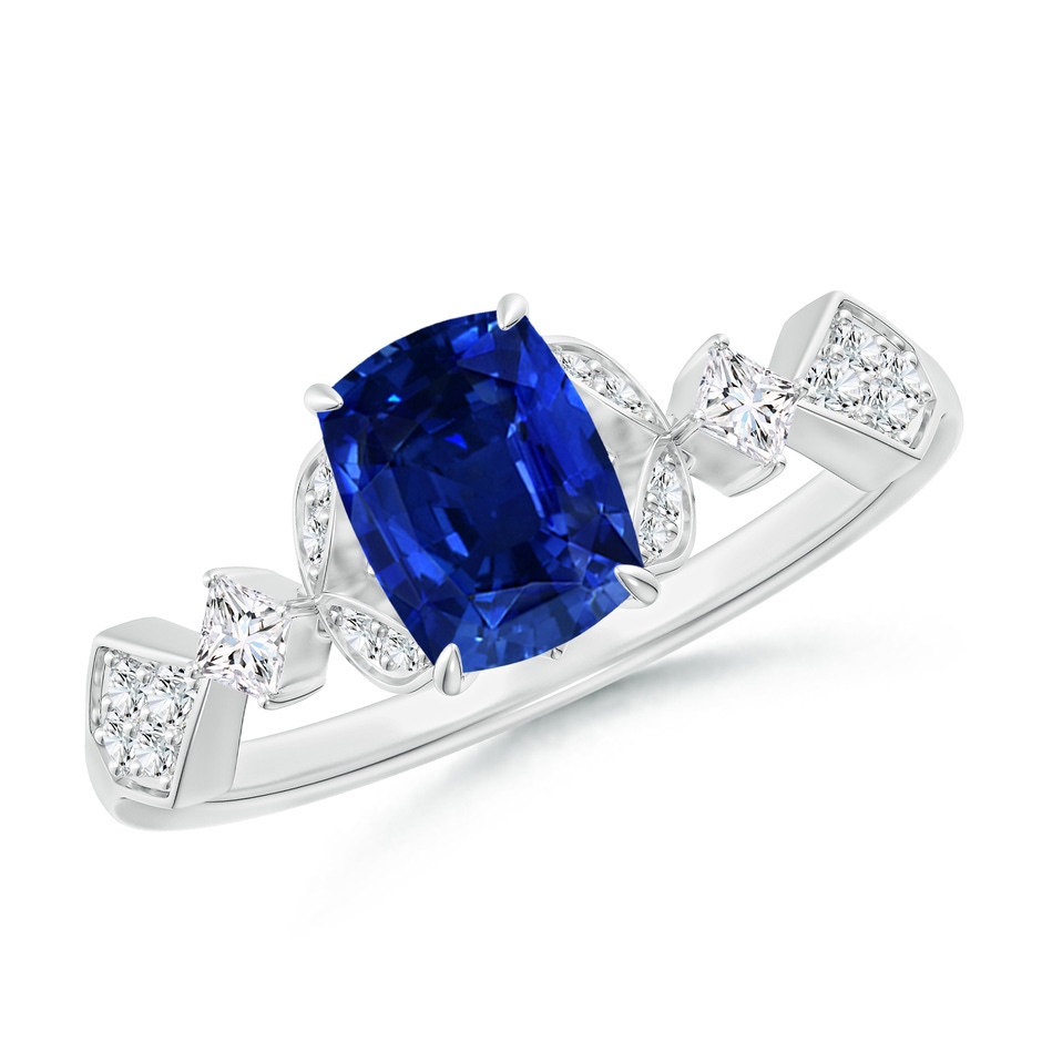 7x5mm Labgrown Lab-Grown Vintage Style Cushion Rectangular Blue Sapphire Engagement Ring with Leaf Motifs in White Gold 