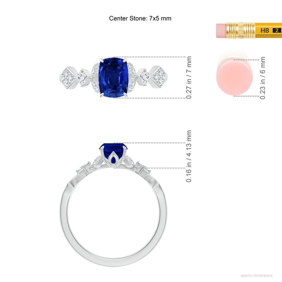 7x5mm Labgrown Lab-Grown Vintage Style Cushion Rectangular Blue Sapphire Engagement Ring with Leaf Motifs in White Gold ruler