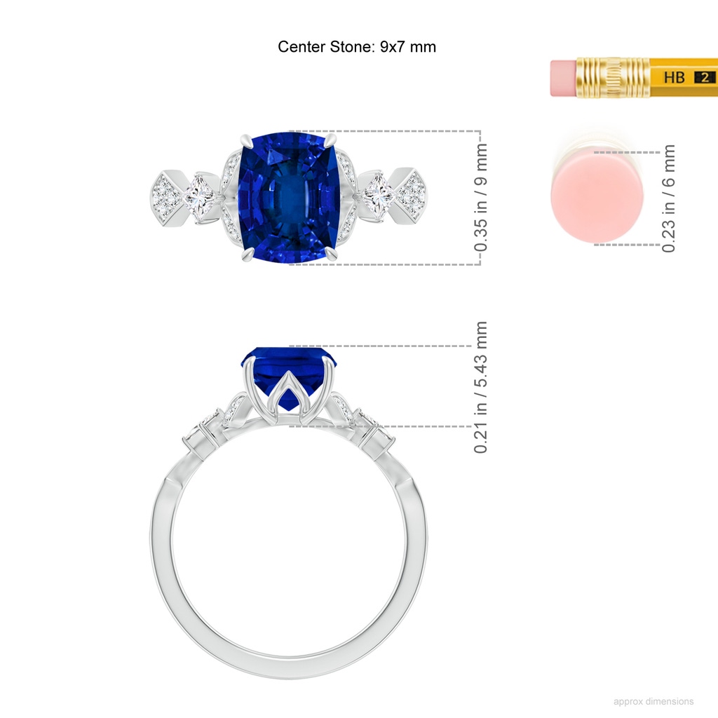 9x7mm Labgrown Lab-Grown Vintage Style Cushion Rectangular Blue Sapphire Engagement Ring with Leaf Motifs in White Gold ruler