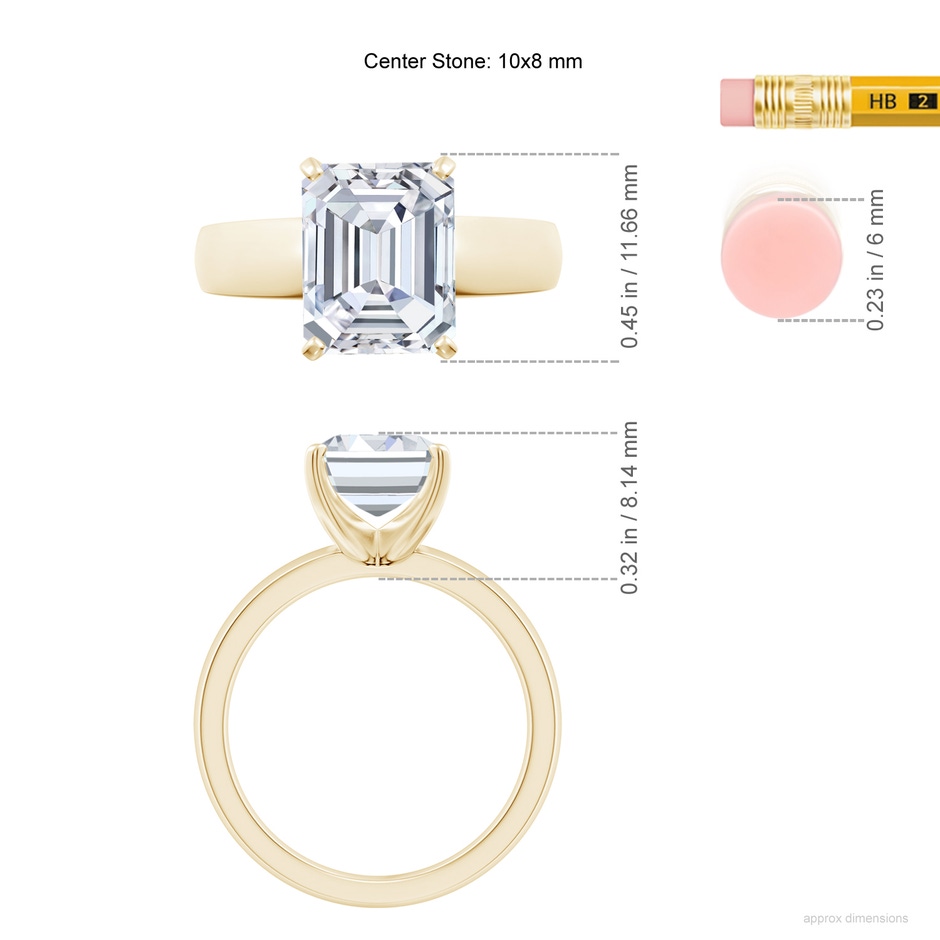 10x7mm FGVS Lab-Grown Prong-Set Emerald-Cut Diamond Solitaire Engagement Ring in Yellow Gold ruler