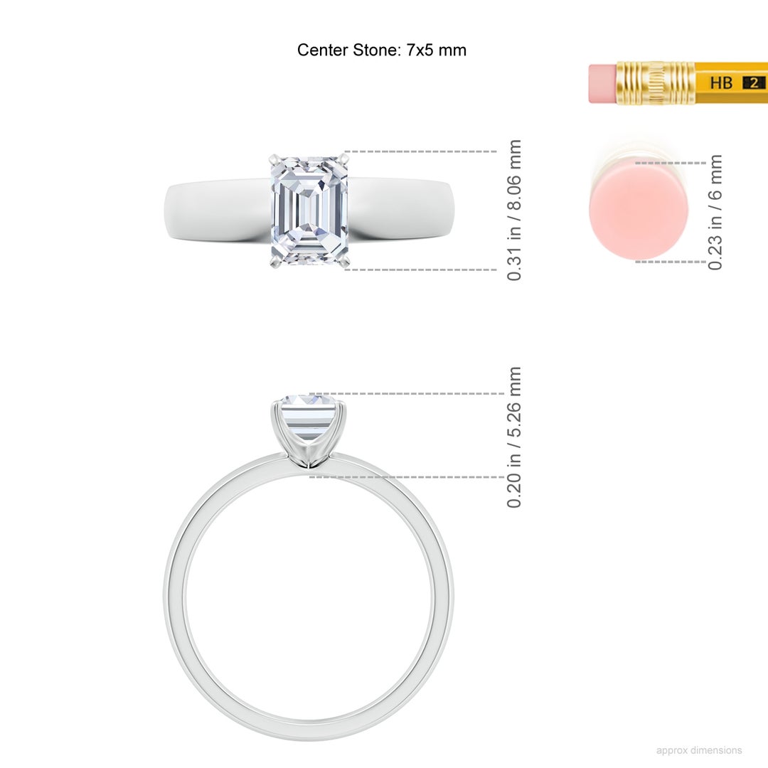 7x5mm FGVS Lab-Grown Prong-Set Emerald-Cut Diamond Solitaire Engagement Ring in P950 Platinum - ruler