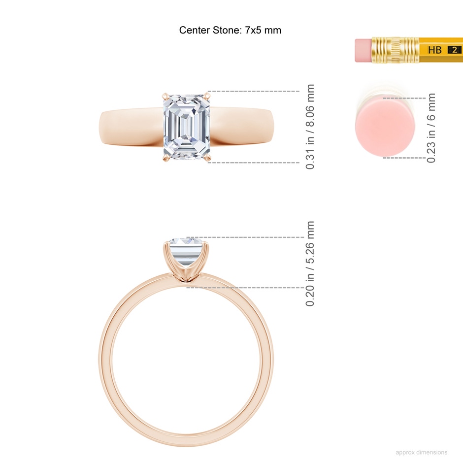 7x5mm FGVS Lab-Grown Prong-Set Emerald-Cut Diamond Solitaire Engagement Ring in Rose Gold ruler