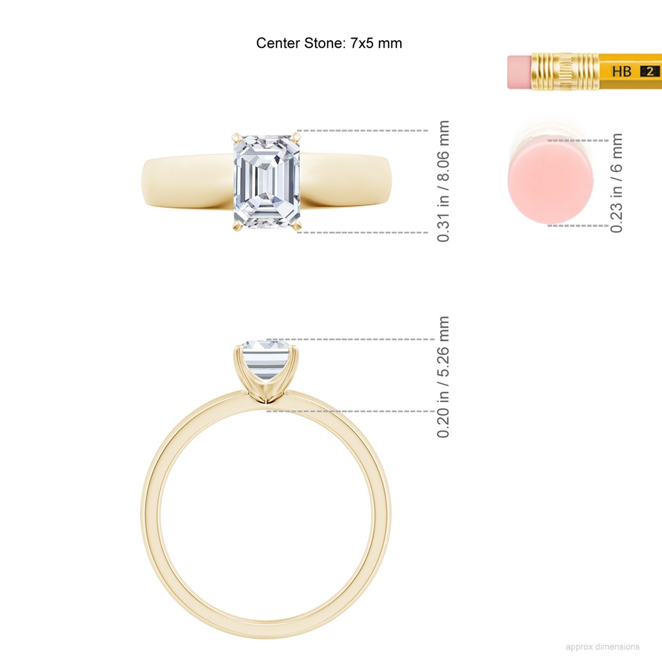 7x5mm FGVS Lab-Grown Prong-Set Emerald-Cut Diamond Solitaire Engagement Ring in Yellow Gold ruler