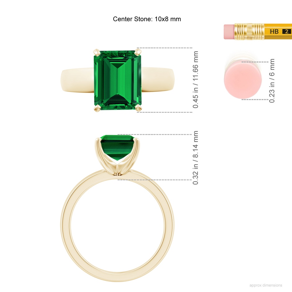 10x8mm Labgrown Lab-Grown Prong-Set Emerald-Cut Emerald Solitaire Engagement Ring in 18K Yellow Gold ruler