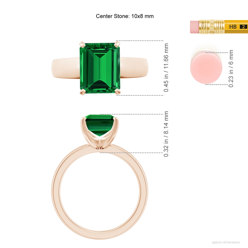 10x8mm Labgrown Lab-Grown Prong-Set Emerald-Cut Emerald Solitaire Engagement Ring in Rose Gold ruler