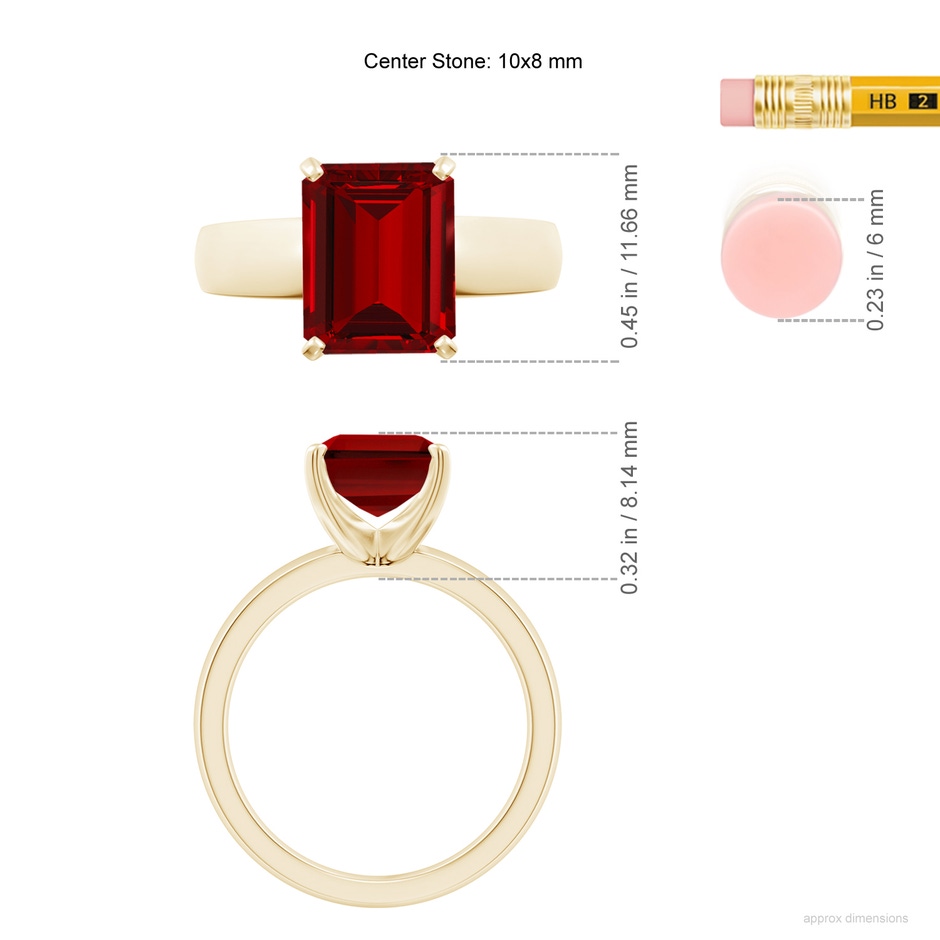 10x8mm Labgrown Lab-Grown Prong-Set Emerald-Cut Ruby Solitaire Engagement Ring in Yellow Gold ruler