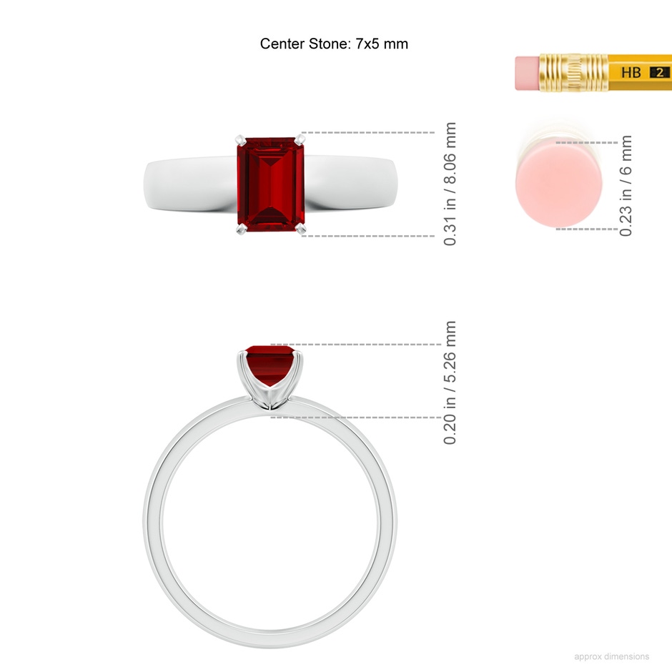 7x5mm Labgrown Lab-Grown Prong-Set Emerald-Cut Ruby Solitaire Engagement Ring in P950 Platinum ruler