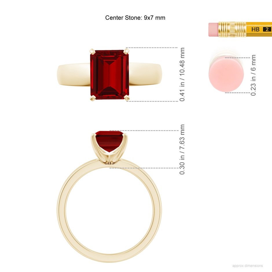 9x7mm Labgrown Lab-Grown Prong-Set Emerald-Cut Ruby Solitaire Engagement Ring in Yellow Gold ruler