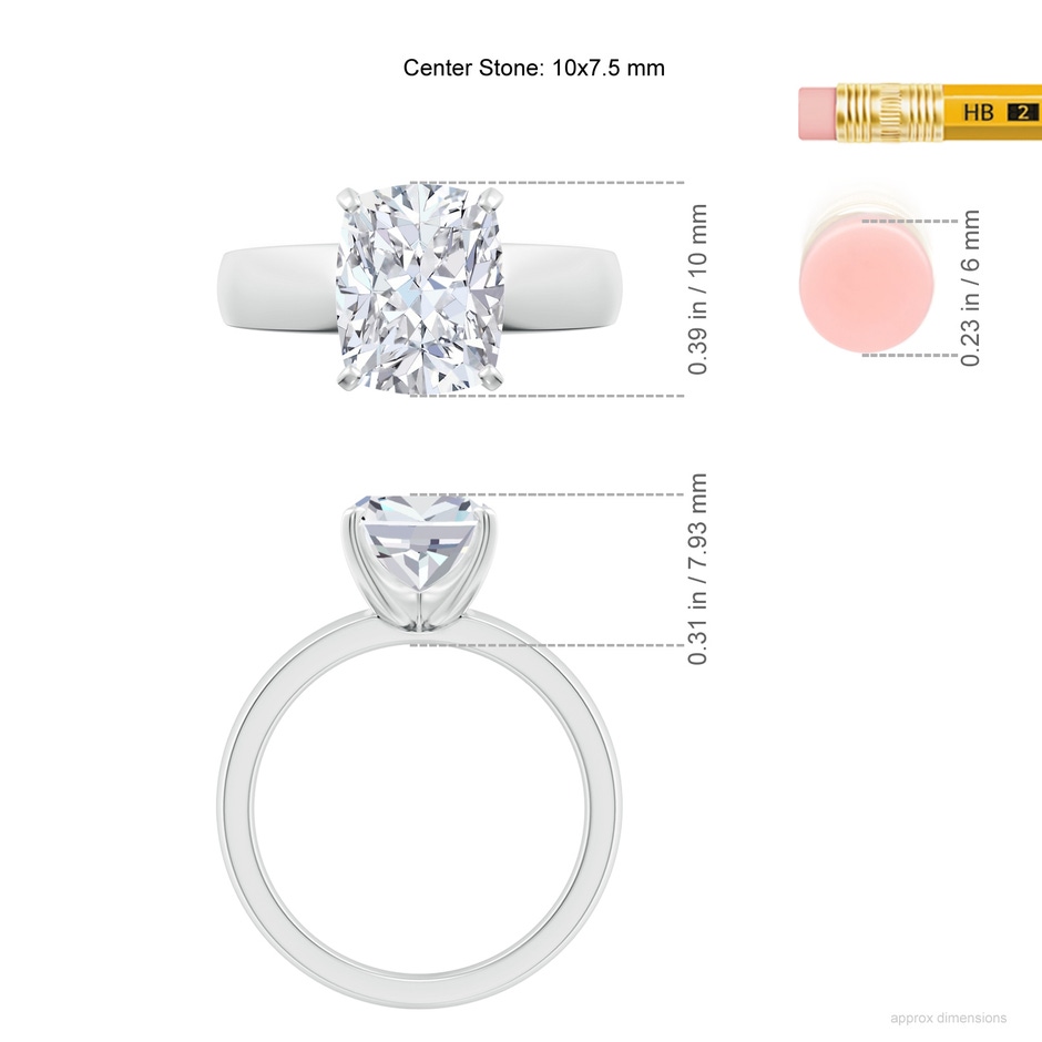 10x7.5mm FGVS Lab-Grown Prong-Set Cushion Rectangular Diamond Solitaire Engagement Ring in P950 Platinum ruler