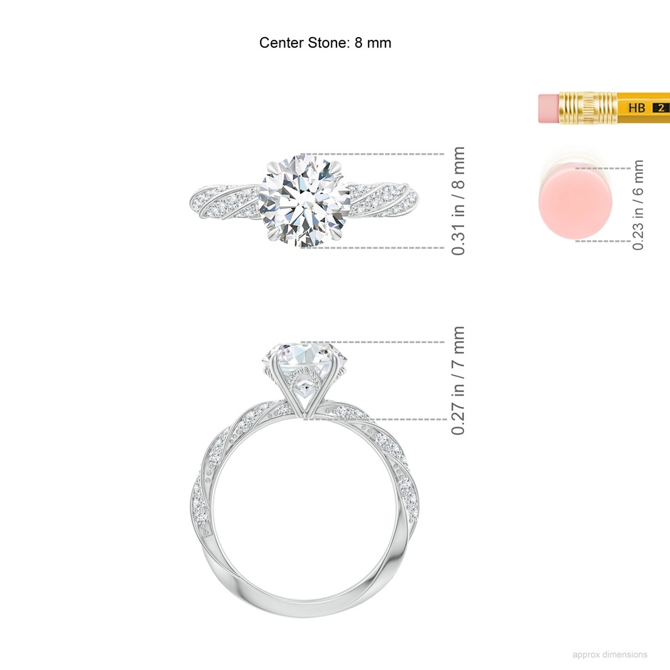 8mm FGVS Round Lab-Grown Diamond Twisted Rope Shank Engagement Ring in White Gold ruler