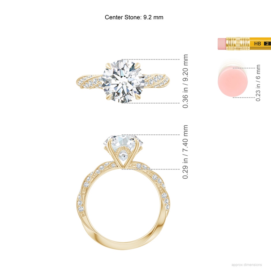 9.2mm FGVS Round Lab-Grown Diamond Twisted Rope Shank Engagement Ring in Yellow Gold ruler