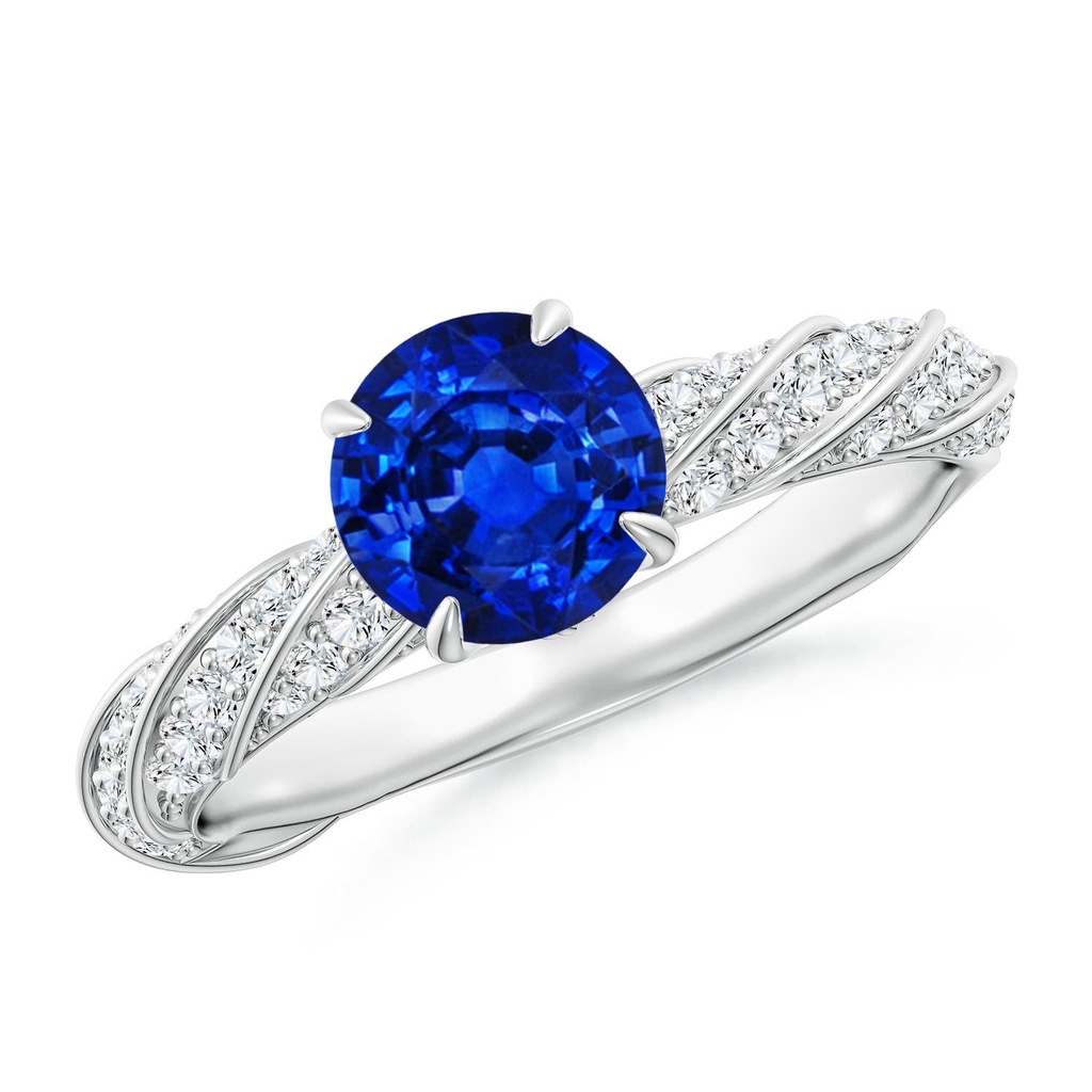 6.5mm Labgrown Round Lab-Grown Blue Sapphire Twisted Rope Shank Engagement Ring in 18K White Gold
