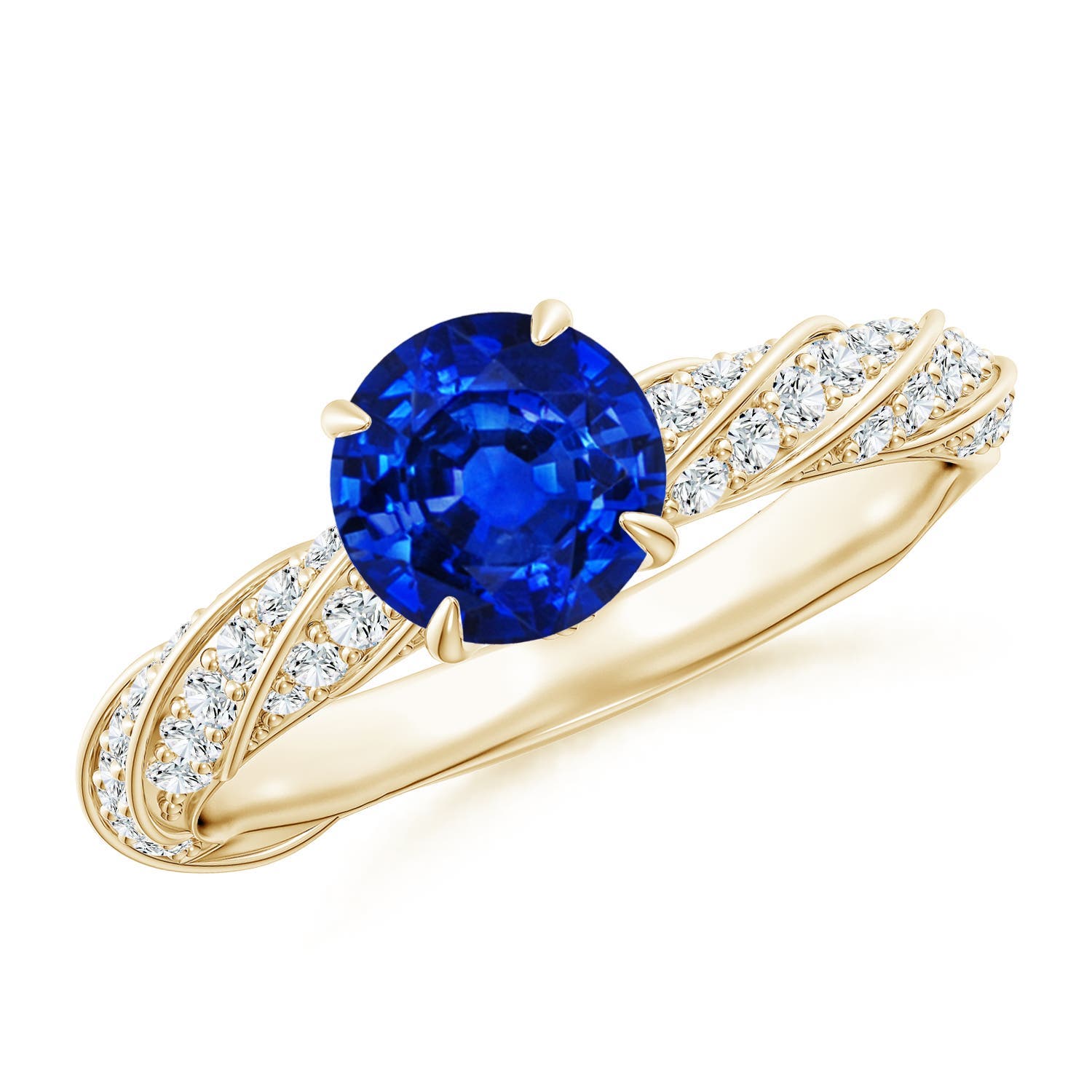 6.5mm Labgrown Round Lab-Grown Blue Sapphire Twisted Rope Shank Engagement Ring in 18K Yellow Gold