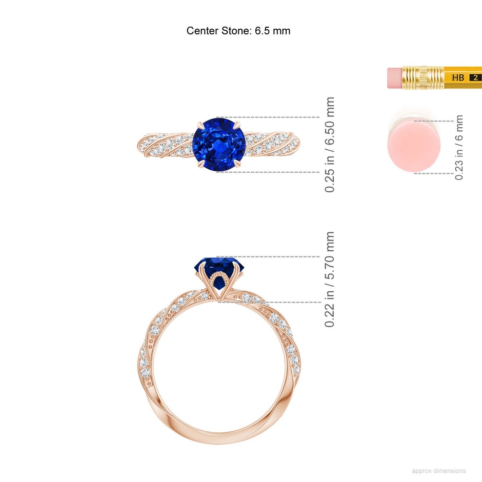 6.5mm Labgrown Round Lab-Grown Blue Sapphire Twisted Rope Shank Engagement Ring in Rose Gold ruler