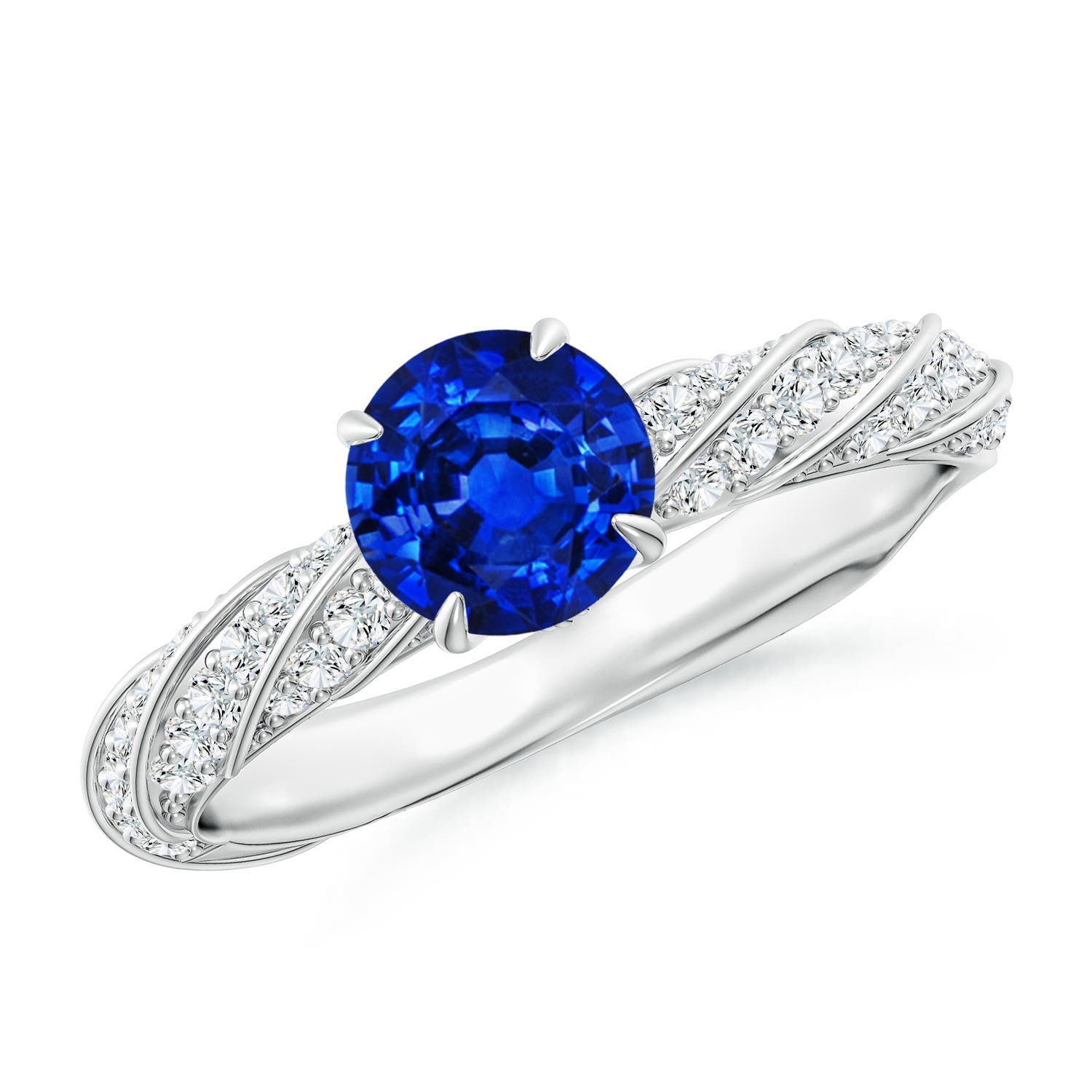 6mm Labgrown Round Lab-Grown Blue Sapphire Twisted Rope Shank Engagement Ring in 18K White Gold
