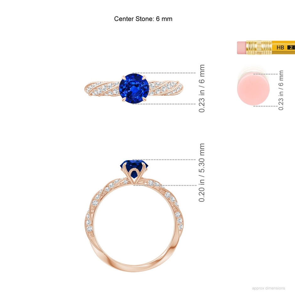 6mm Labgrown Round Lab-Grown Blue Sapphire Twisted Rope Shank Engagement Ring in Rose Gold ruler