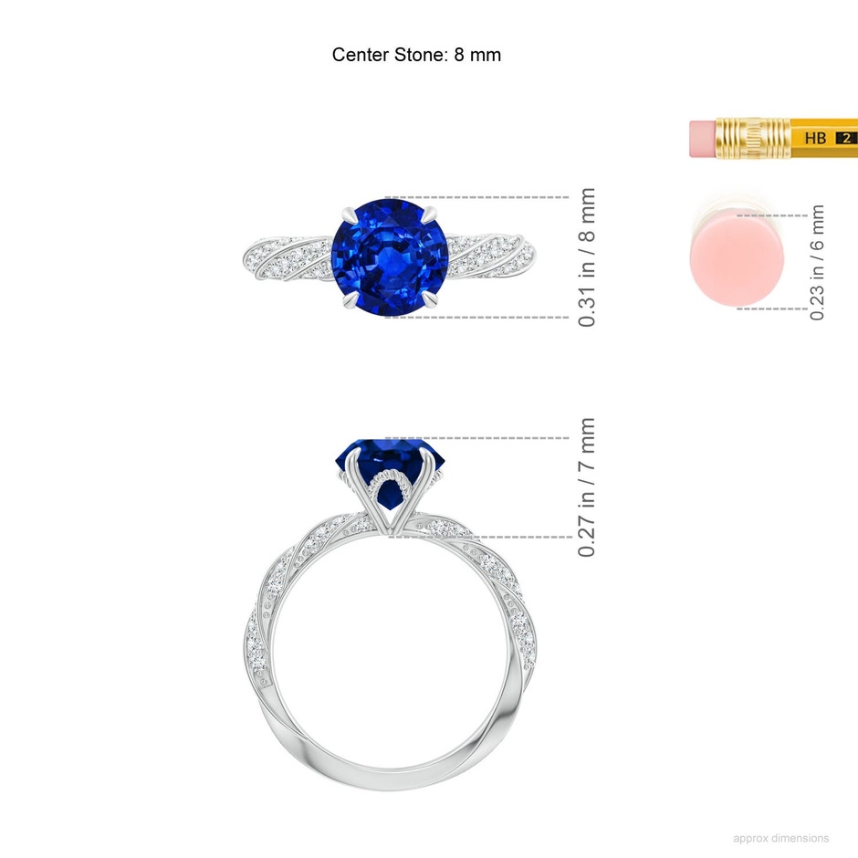 8mm Labgrown Round Lab-Grown Blue Sapphire Twisted Rope Shank Engagement Ring in 18K White Gold ruler