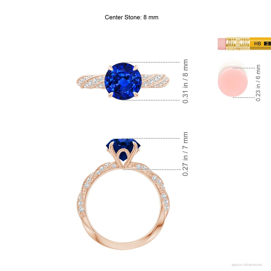 8mm Labgrown Round Lab-Grown Blue Sapphire Twisted Rope Shank Engagement Ring in Rose Gold ruler