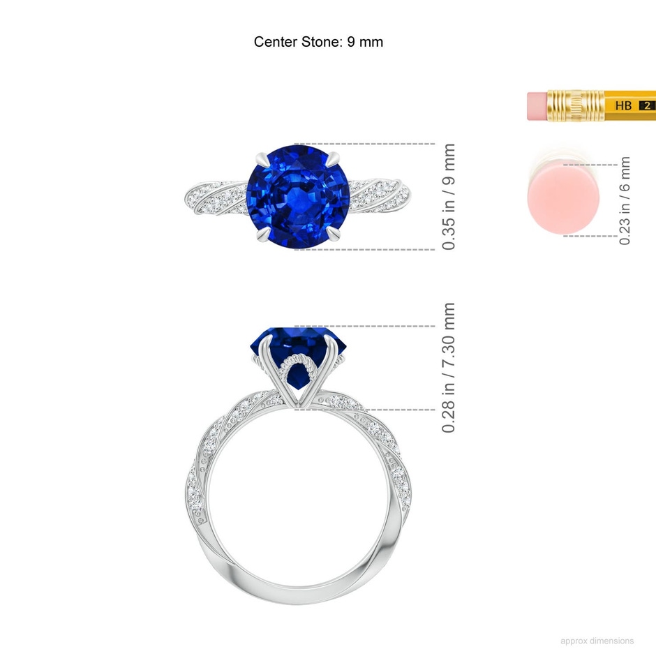 9mm Labgrown Round Lab-Grown Blue Sapphire Twisted Rope Shank Engagement Ring in 18K White Gold ruler