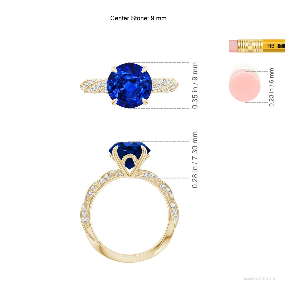 9mm Labgrown Round Lab-Grown Blue Sapphire Twisted Rope Shank Engagement Ring in 18K Yellow Gold ruler