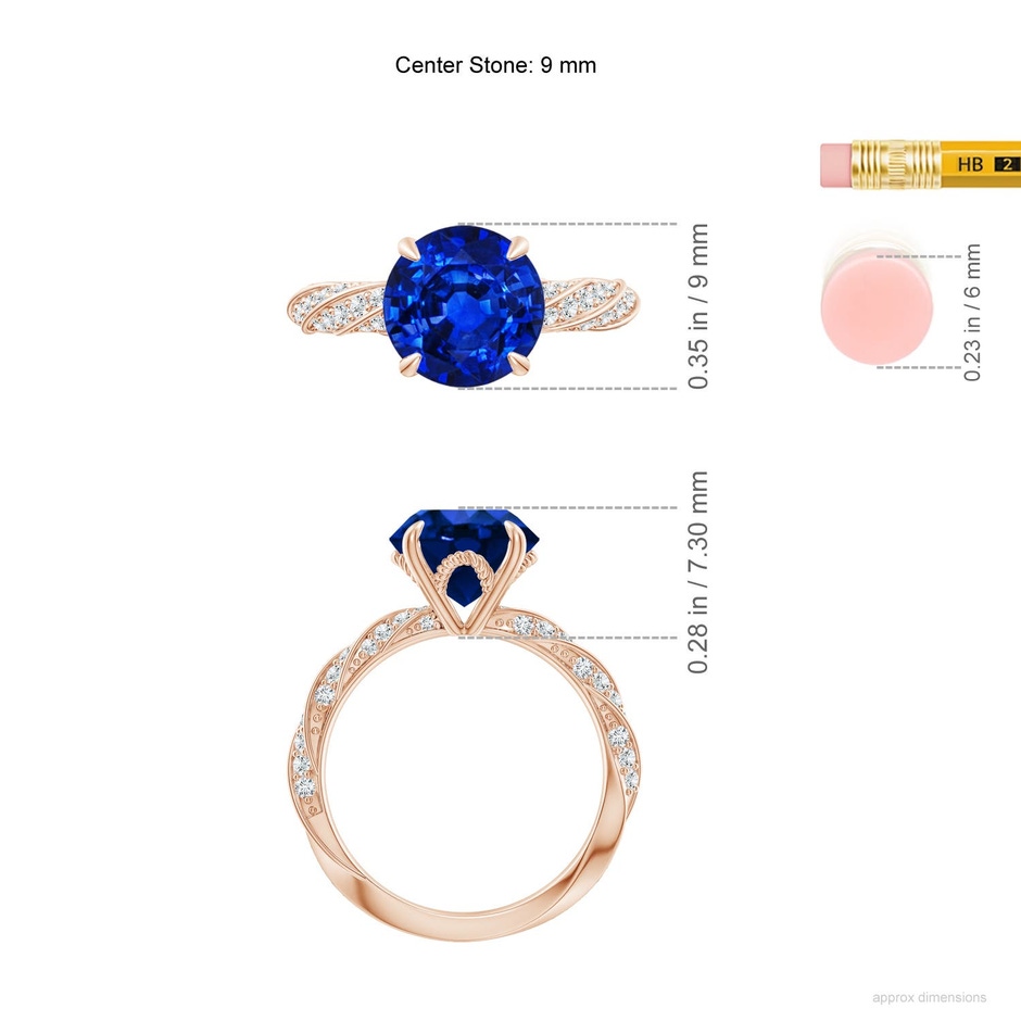 9mm Labgrown Round Lab-Grown Blue Sapphire Twisted Rope Shank Engagement Ring in Rose Gold ruler